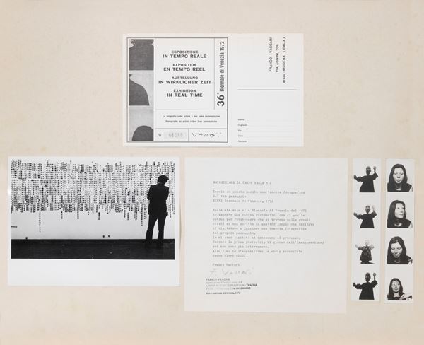 Franco Vaccari : Esposizione in tempo reale n. 4  (1972)  - Fotografie con cartolina e nota dell'autore, assemblaggio su cartoncino - Auction Contemporary Art - Casa d'aste Farsettiarte