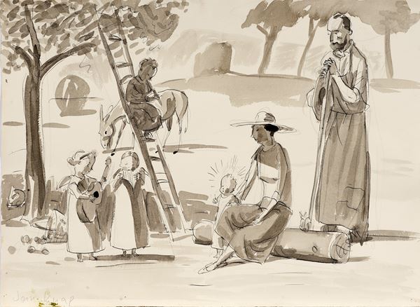 Jan Knap : Sacra famiglia  - China e acquerello su carta - Auction Paintings, Drawings, Sculpures and Multiples - Casa d'aste Farsettiarte