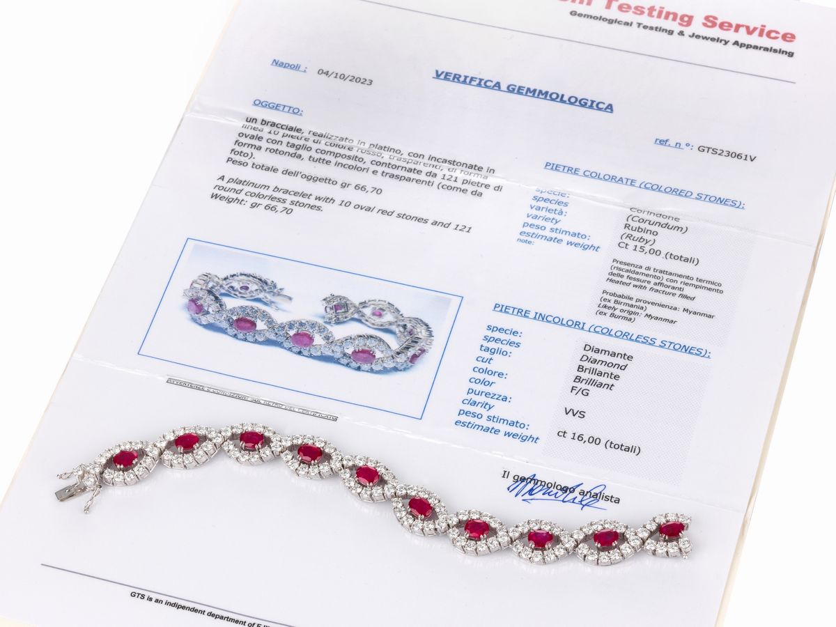 Bracciale a Maglia Morbida in Platino con Rubini e Diamanti