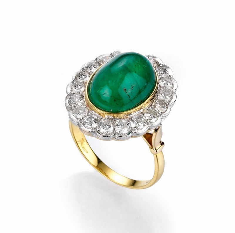 Anello in Oro Bianco e Giallo con Smeraldo e Diamanti