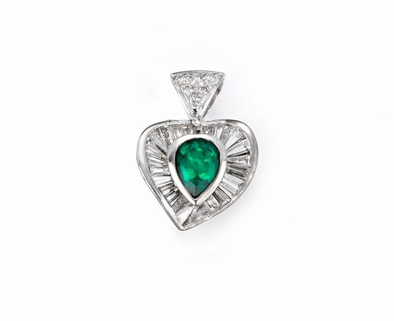 Pendente a Cuore in Oro Bianco con Smeraldo e Diamanti