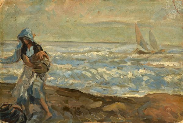 Anonimo fine XIX - inizio XX secolo : Figura sul mare  - Olio su cartone - Asta PARADE II - Dipinti e Disegni del XIX e XX secolo - Casa d'aste Farsettiarte