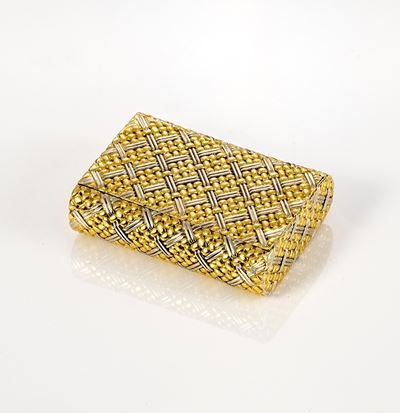 Portapillole Rettangolare a Maglia Intrecciata in Oro Giallo e Bianco