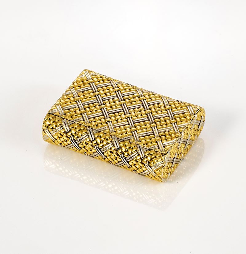 Portapillole Rettangolare a Maglia Intrecciata in Oro Giallo e Bianco