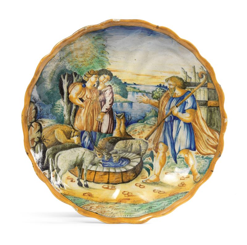 Alzata Umbonata Istoriata in Maiolica Policroma