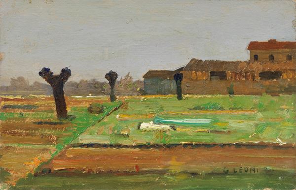 Giuseppe Leoni : Paesaggio lombardo  - Olio su cartone - Auction PARADE II - XIX and XX Century Paintings and Drawings - Casa d'aste Farsettiarte