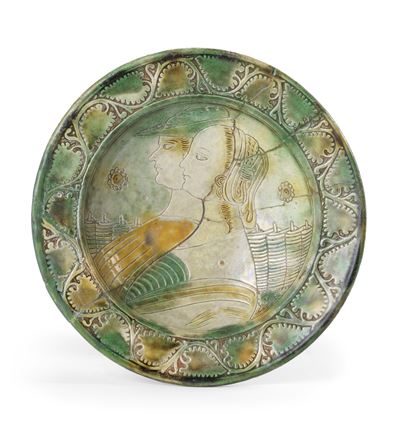 Piatto Fondo Graffito in Maiolica Policroma Verde Rame e Ocra Gialla