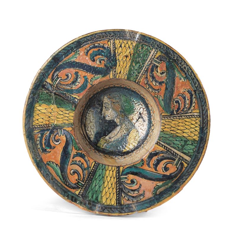 Piatto Fondo in Maiolica Policroma Verde, Ocra e Azzurro