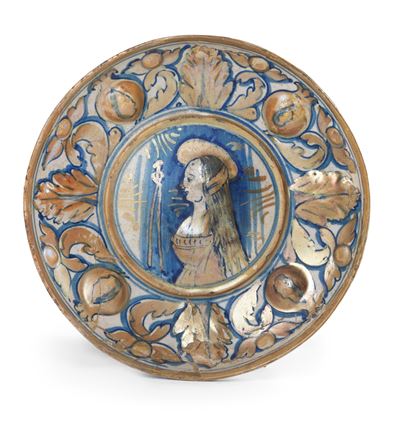 Piatto Umbonato in Maiolica Policroma a Lustro Blu e Oro