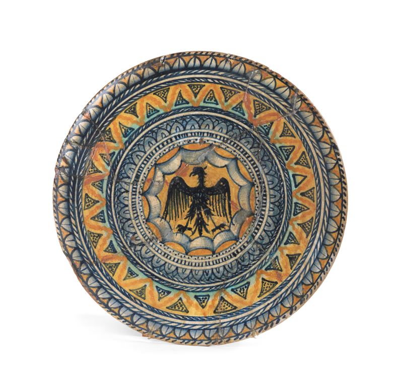 Piatto Liscio in Maiolica Policroma Ocra e Blu