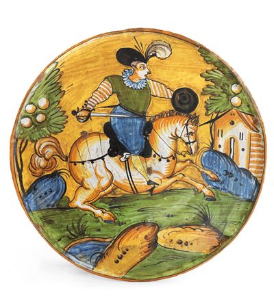 Due Grandi Piatti in Maiolica Policroma Ocra Gialla, Verde e Blu