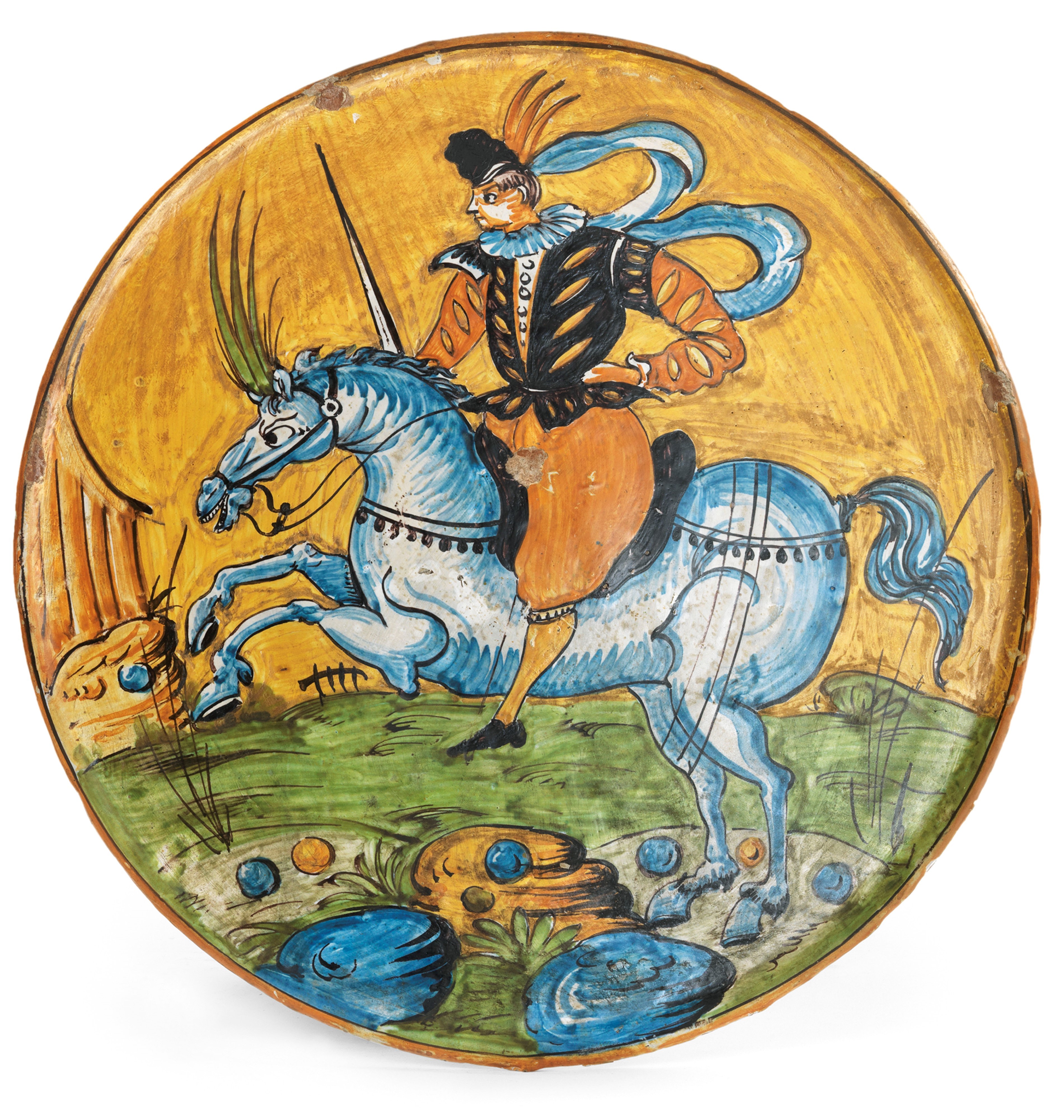 Due Grandi Piatti in Maiolica Policroma Ocra Gialla, Verde e Blu