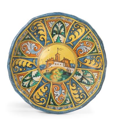 Crespina Umbonata in Maiolica Policroma Verde Rame, Azzurro e Ocra Gialla