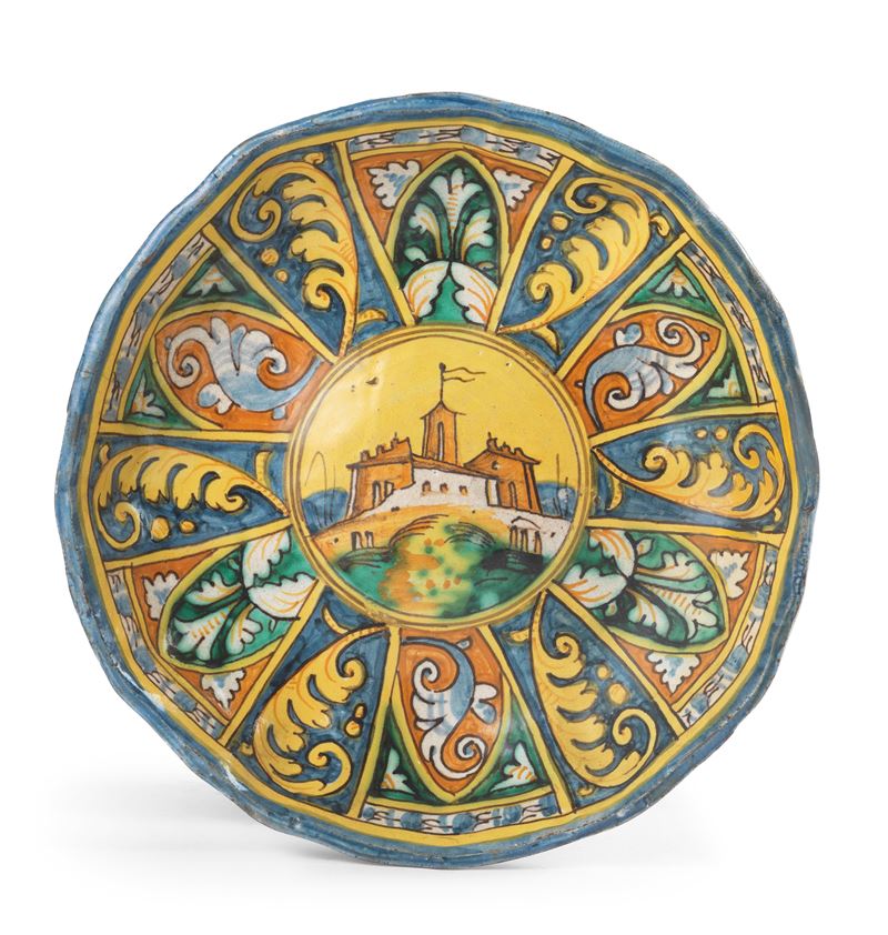 Crespina Umbonata in Maiolica Policroma Verde Rame, Azzurro e Ocra Gialla