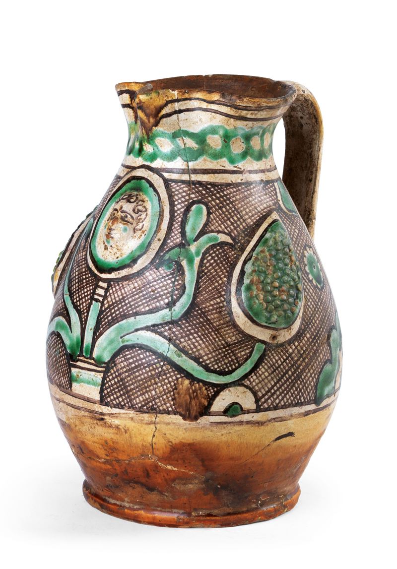 Brocca in Maiolica Policroma Verde Rame e Manganese