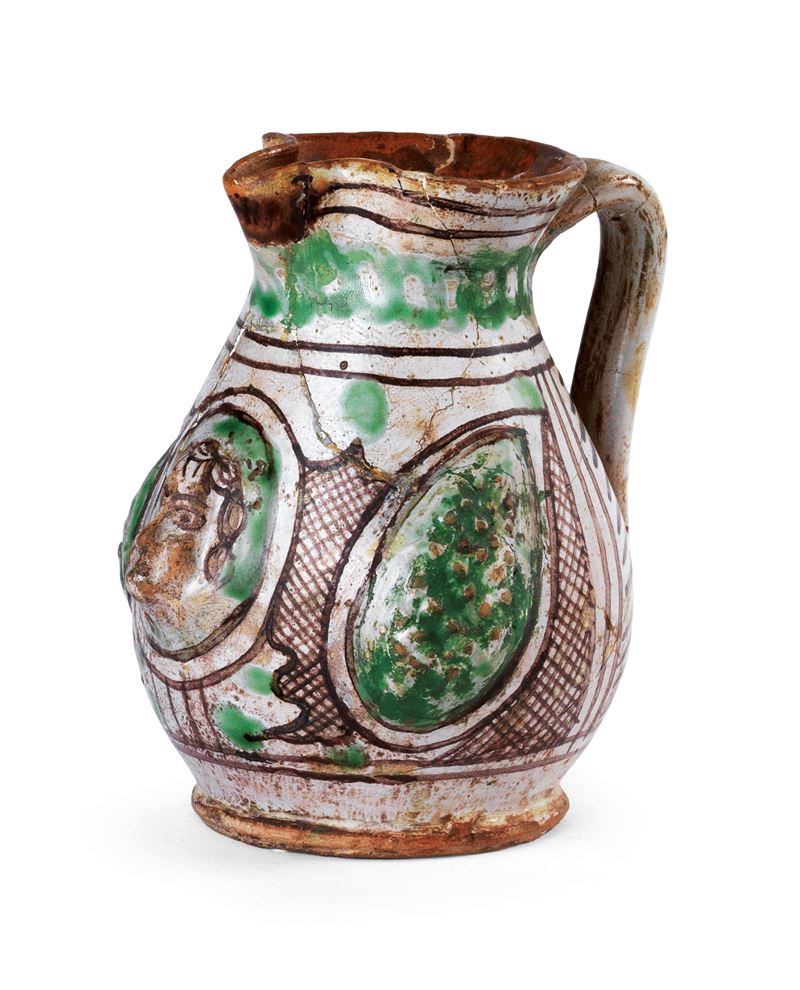 Piccola Brocca in Maiolica Policroma Verde Rame e Manganese