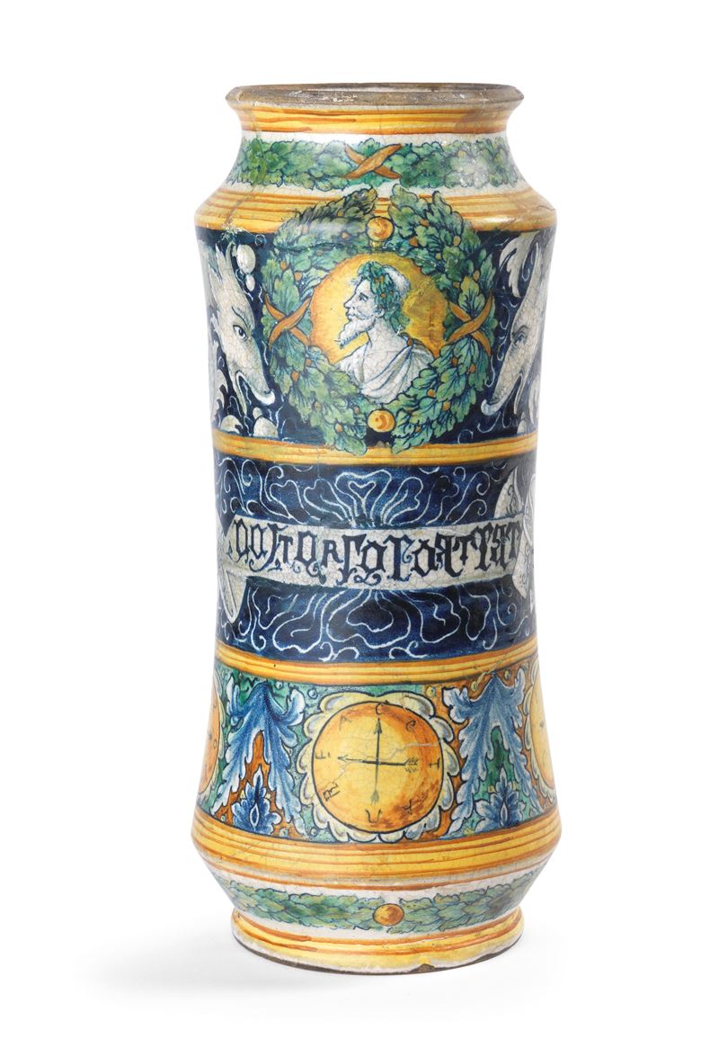 Grande Albarello in Maiolica Policroma Blu, Verde e Ocra Gialla