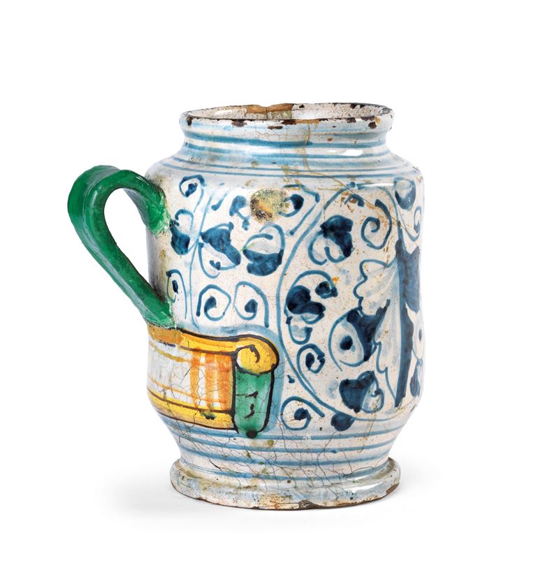 Albarello Monoansato in Maiolica Policroma Bianco, Blu, Verde e Giallo