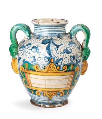 Anfora Biansata in Maiolica Policroma Bianco, Blu, Verde e Giallo
