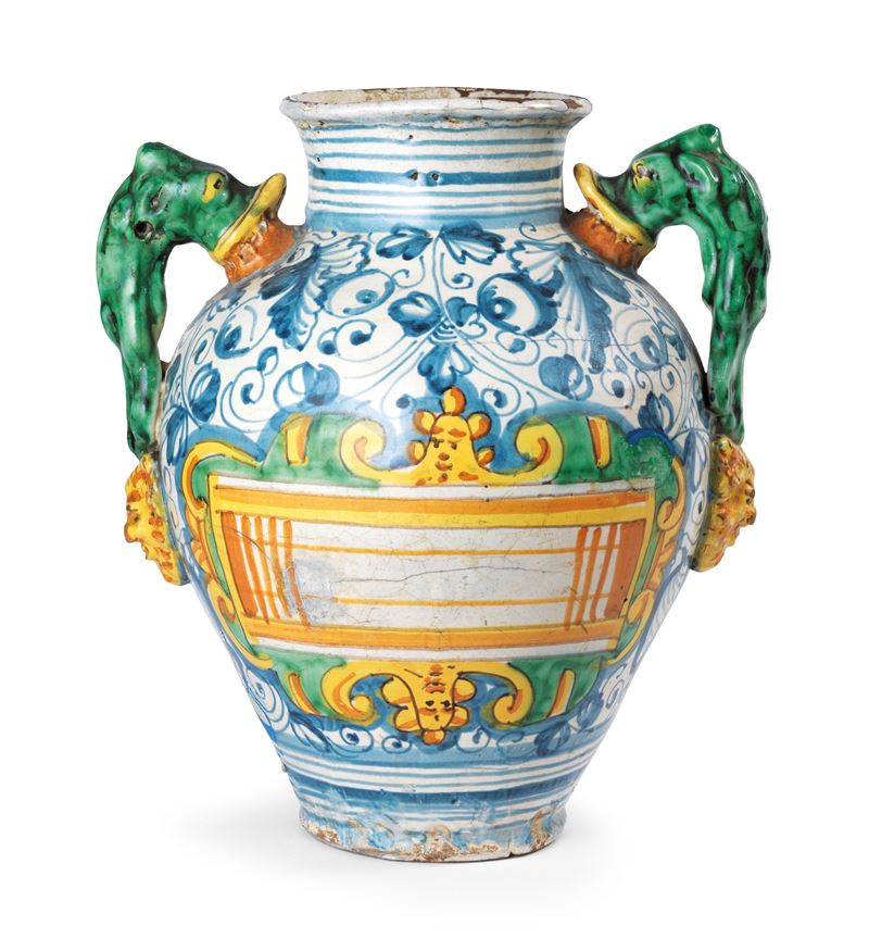 Anfora Biansata in Maiolica Policroma Bianco, Blu, Verde e Giallo