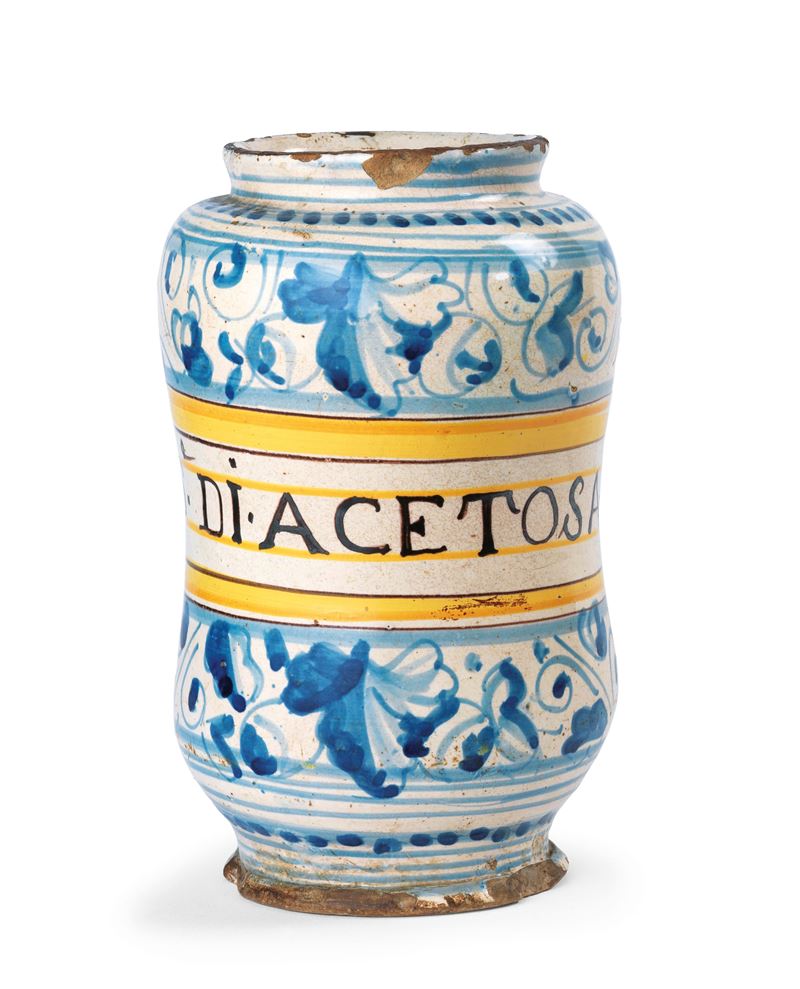 Albarello in Maiolica Policroma Bianco, Blu, Giallo e Manganese