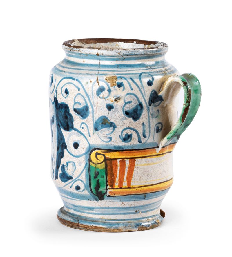 Albarello Monoansato in Maiolica Policroma Bianco, Blu, Giallo e Verde