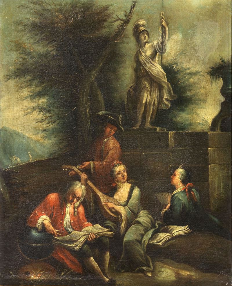 Scuola Veneta del XVIII Secolo - Concertino Campestre Sotto la Statua di Minerva