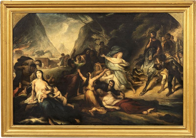 Scena di genere con incendio e saccheggio di città