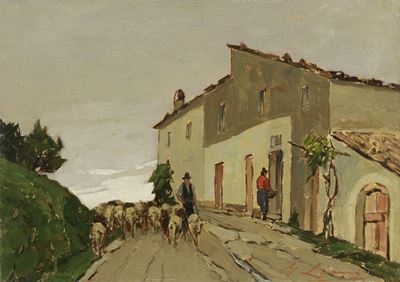 Ritorno dal pascolo, olio su cartone