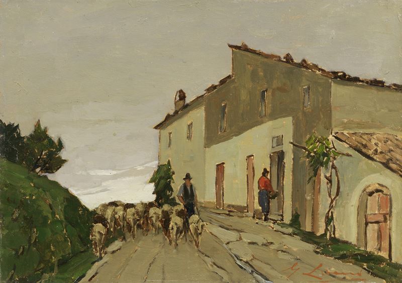Giovanni Lomi - Ritorno dal pascolo, olio su cartone