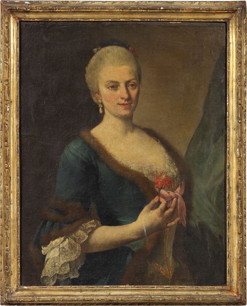 Scuola Veneta del XVIII Secolo - Ritratto di Dama con Fiore in Mano