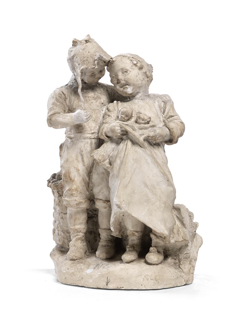 Ignoto Scultore Fine XIX Secolo - Pastorello e Bambina con Bambola