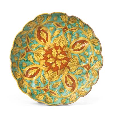 Alzata Umbonata in Maiolica Policroma Giallo, Azzurro, Ocra Marrone