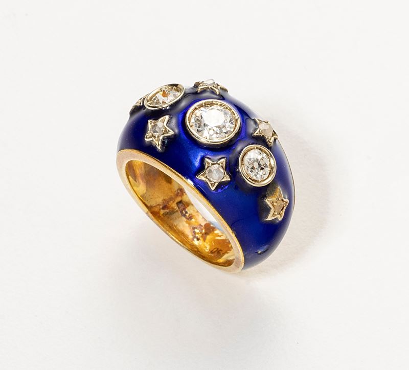 Anello a fascia in oro giallo con diamanti e smalto blu