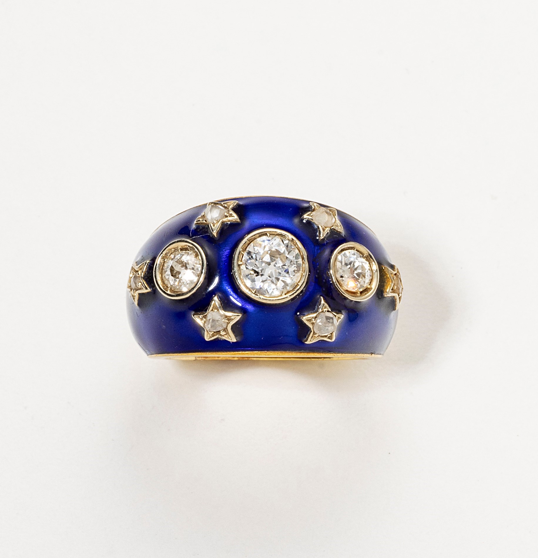 Anello a fascia in oro giallo con diamanti e smalto blu