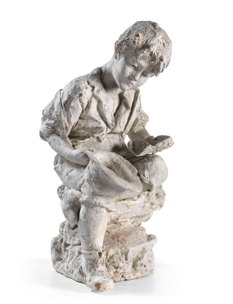 Ignoto Scultore Scuola Napoletana Fine XIX Secolo - Bambino che Chiede L'elemosina e Legge un Lib...