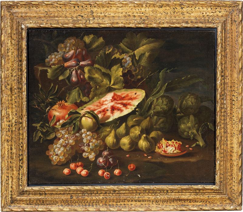 Scuola Romana del XVII Secolo - Natura Morta con Cocomero, Fiori e Carciofi