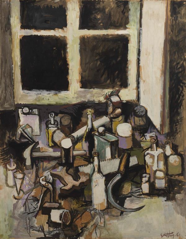 Renato Guttuso : Tavolo e finestra (Finestra di notte)  (1961)  - Tempera, olio e collage su carta applicata su tela - Asta ARTE MODERNA - II - Casa d'aste Farsettiarte