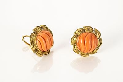 Orecchini Circolari a Clips in Oro Giallo e Corallo