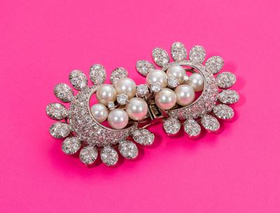 Spilla in Oro Bianco con Perle e Diamanti