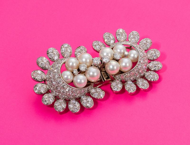 Spilla in Oro Bianco con Perle e Diamanti