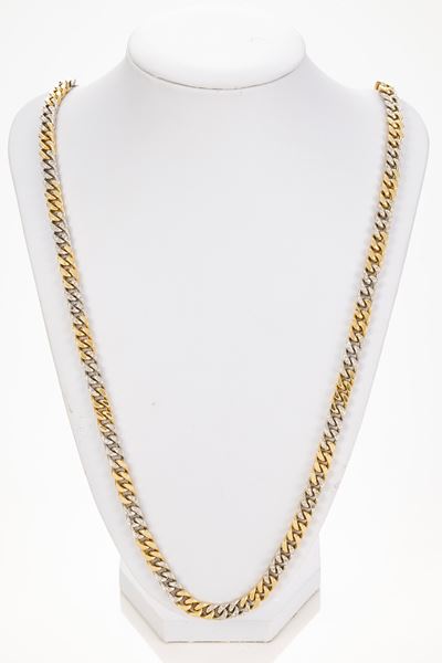 Lunga Collana a Maglia Groumette in Oro Bianco e Giallo e Diamanti