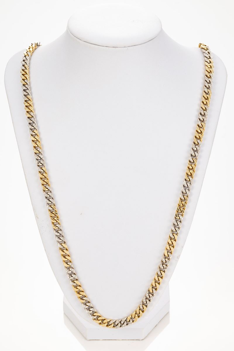 Lunga Collana a Maglia Groumette in Oro Bianco e Giallo e Diamanti