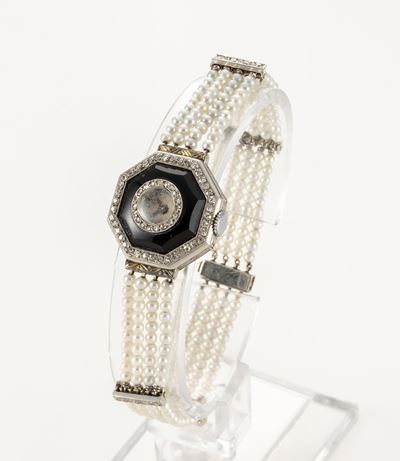 Orologio da Polso in Platino, Onice, Diamanti e Perle