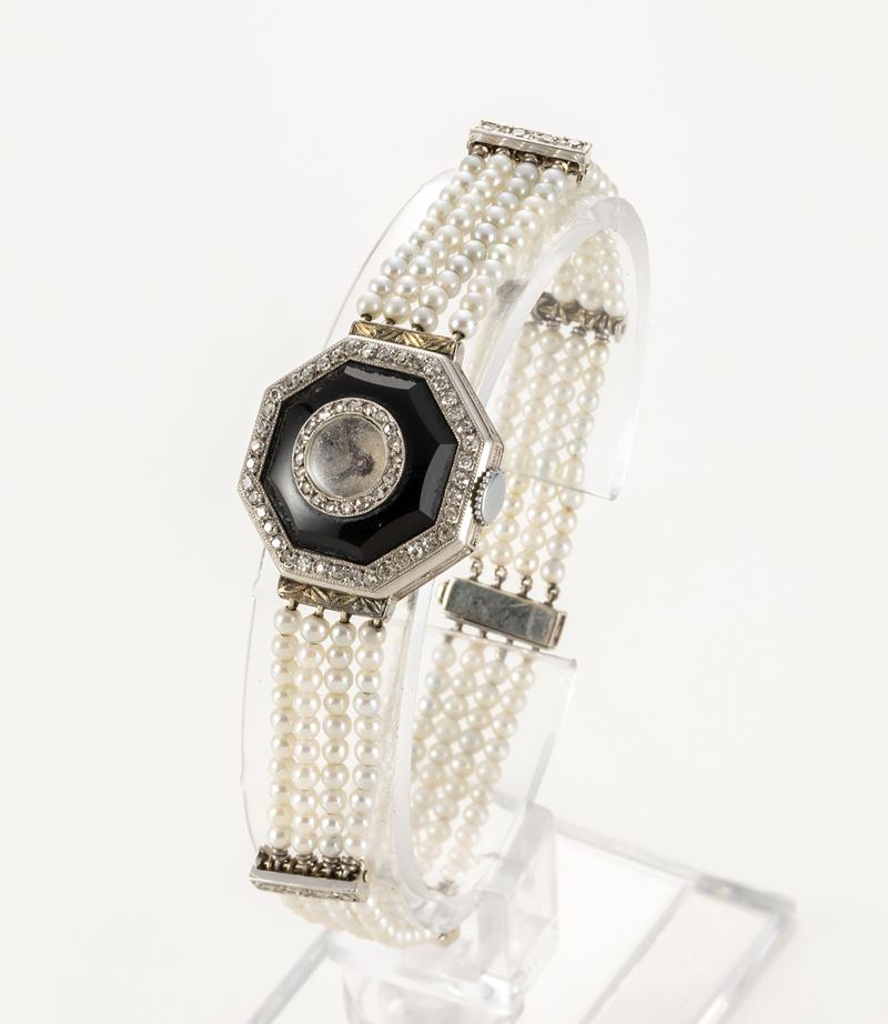 Orologio da Polso in Platino, Onice, Diamanti e Perle