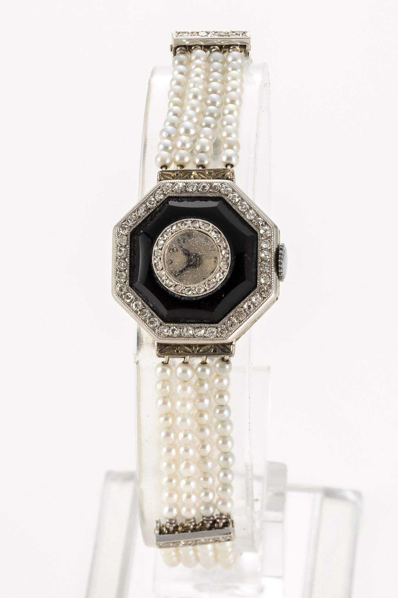 Orologio da Polso in Platino, Onice, Diamanti e Perle
