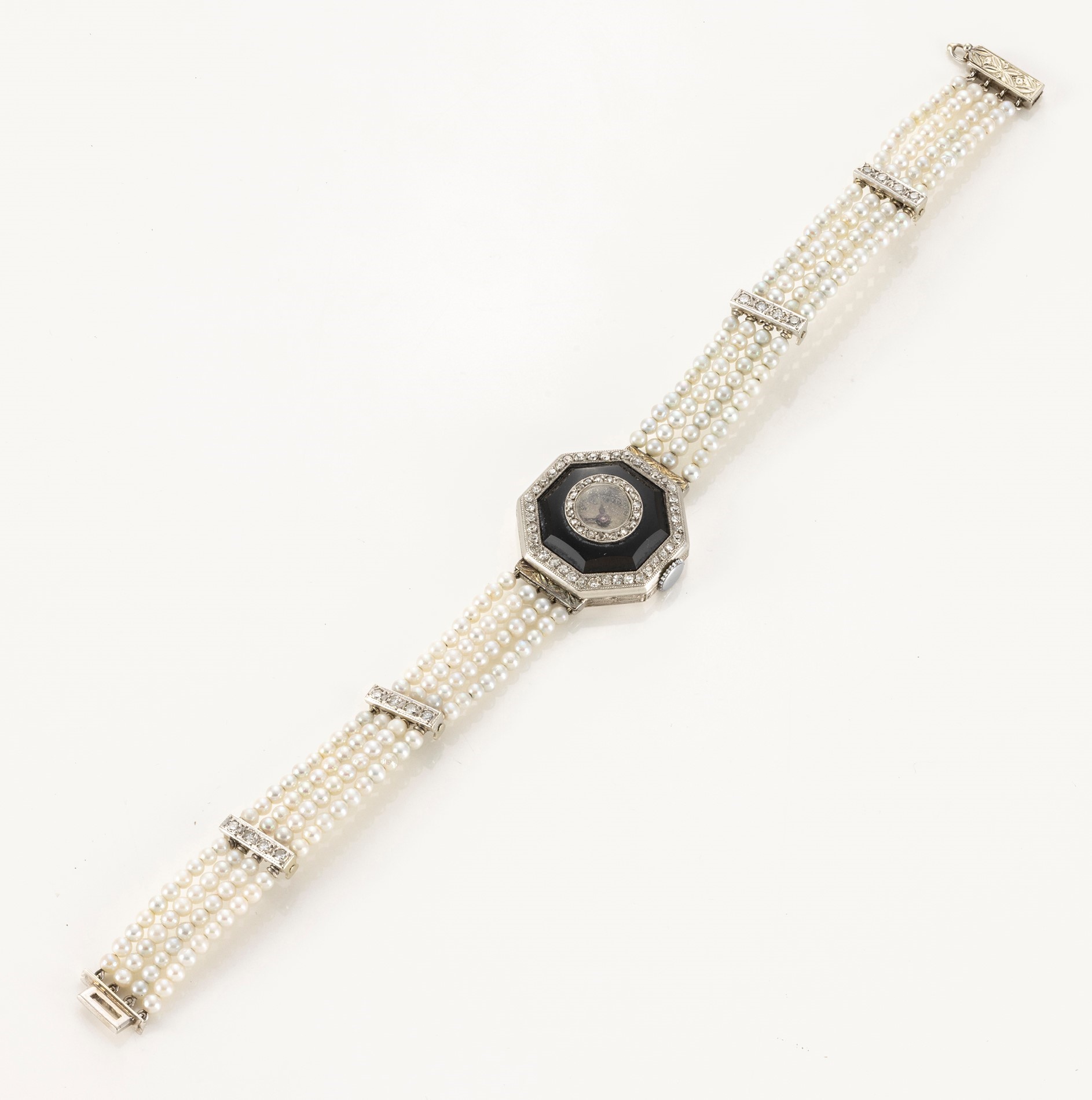 Orologio da Polso in Platino, Onice, Diamanti e Perle