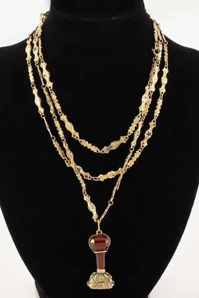Antica Collana a Maglie in Oro Giallo e Smalti