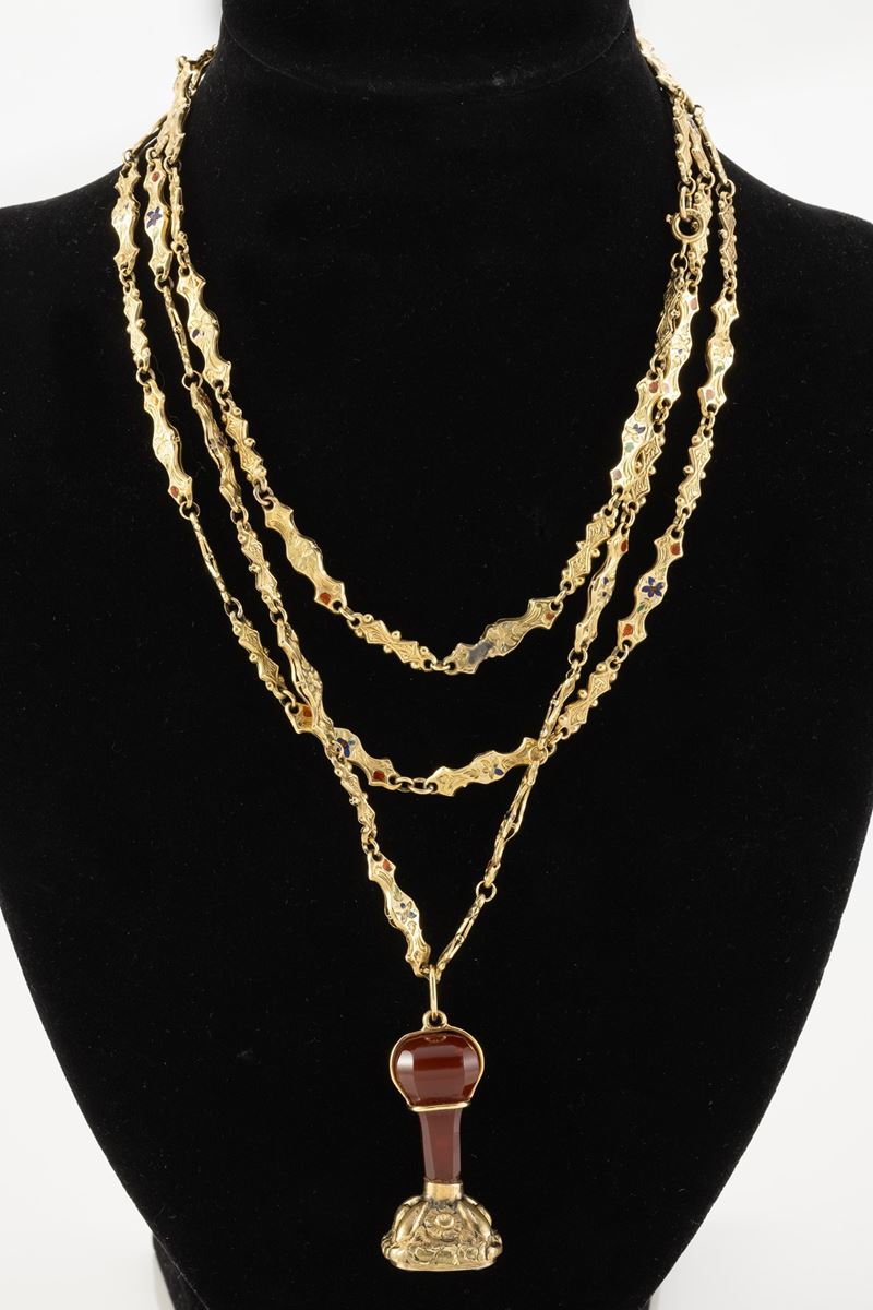 Antica Collana a Maglie in Oro Giallo e Smalti