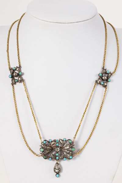 Antica Collana in Oro Giallo e Argento con Turchesi e Rose di Diamante